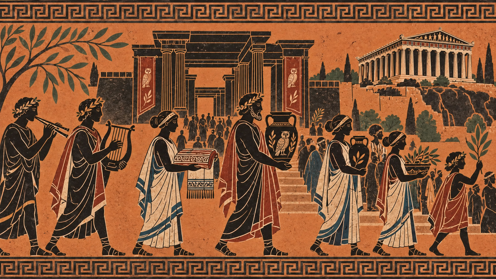 Campaign illustration in the style of Greek pottery: a festival at the completed Acropolis