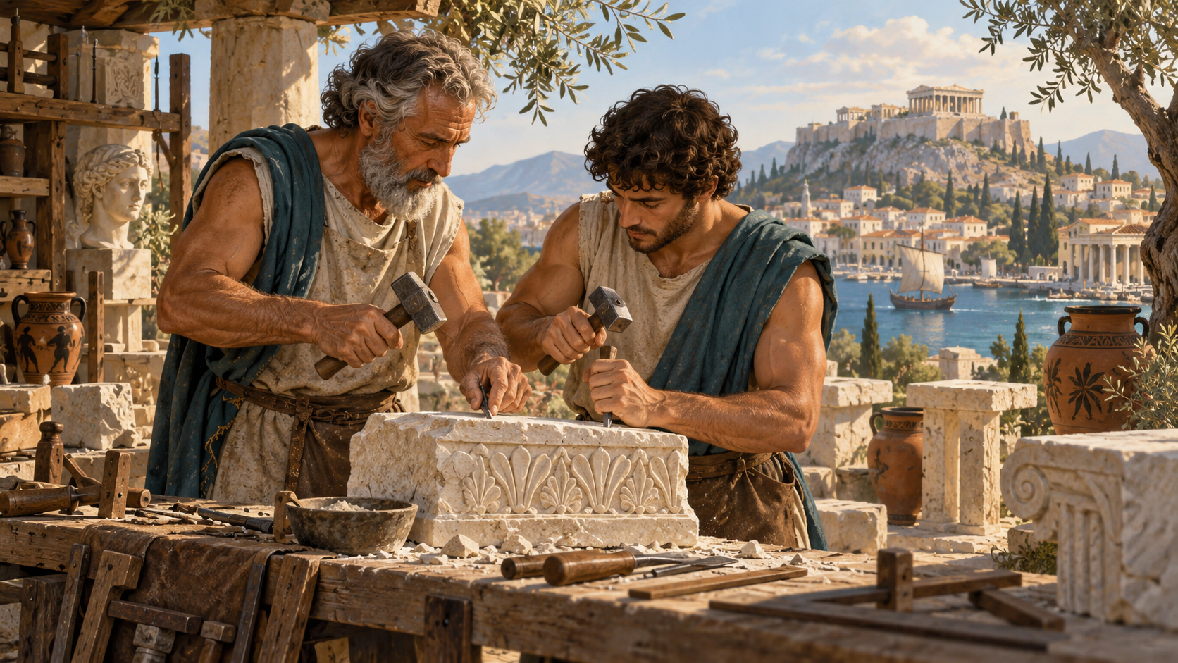 A master teaches a young apprentice the art of stone carving